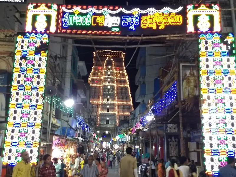 Street to Govindaraja Swamy Temple lit up for Brahmotsavam, Tirupati